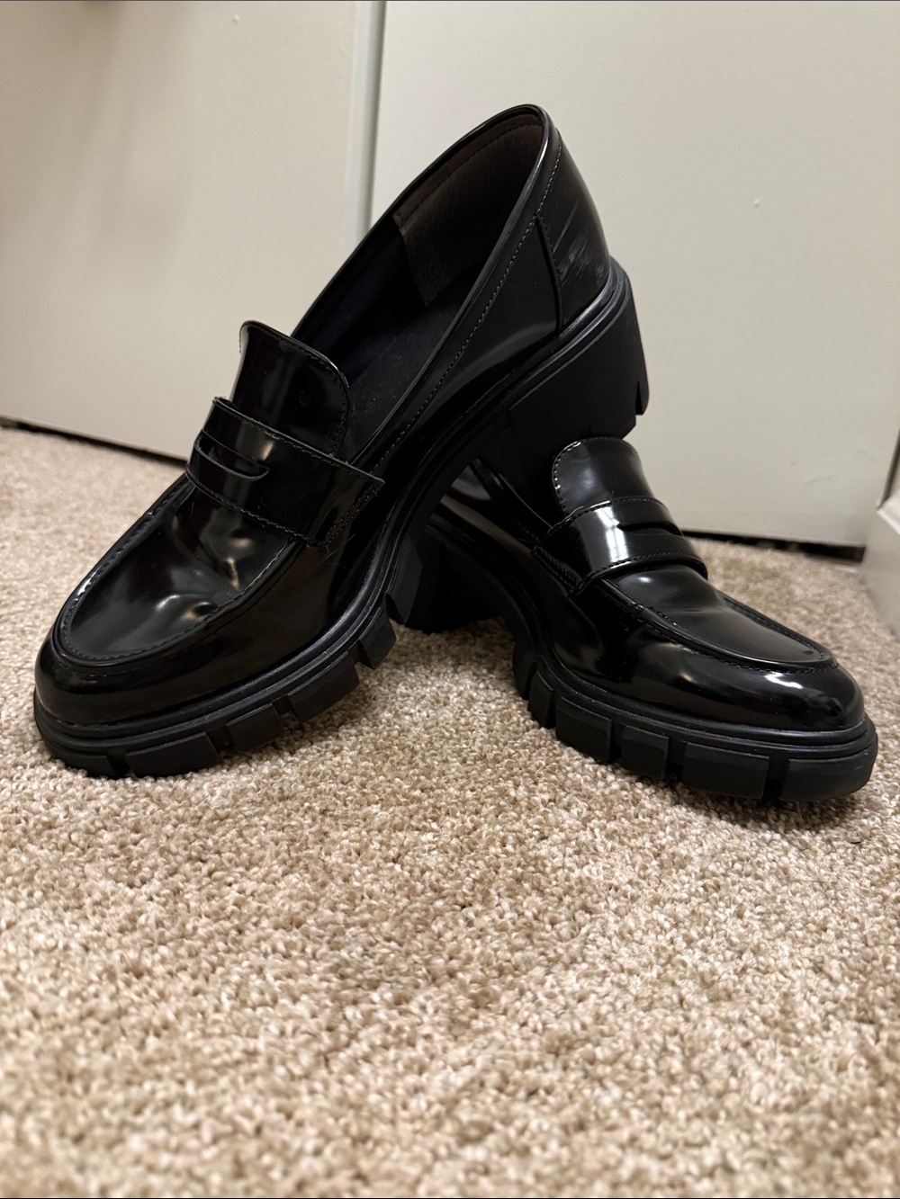 Sincerely Jules Black Patent Chunky Loafers w Heel